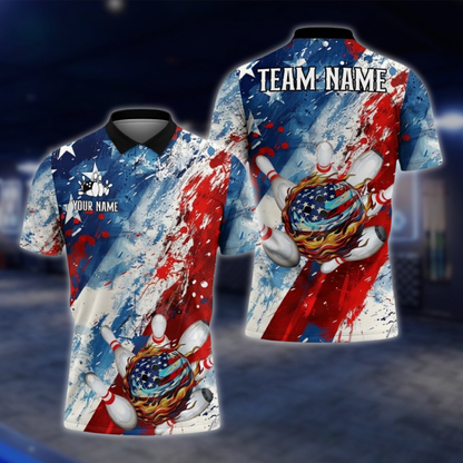 Personalized American Flag Bowling Mens Polo Shirt Watercolor, Custom Bowling Patriotic Team Shirts BZ0741