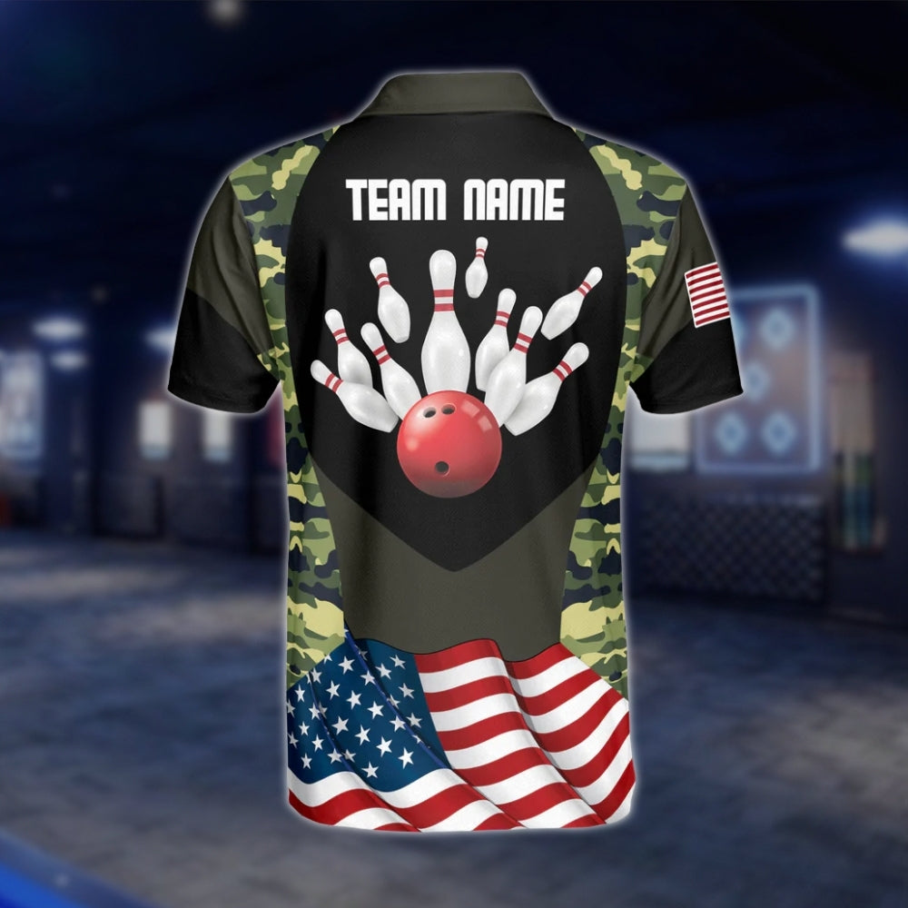 Camo USA Flag Custom Mens Bowling Polo Shirt, Custom Camouflage Bowling Team Shirts BZ0195