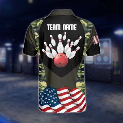 Camo USA Flag Custom Mens Bowling Polo Shirt, Custom Camouflage Bowling Team Shirts BZ0195
