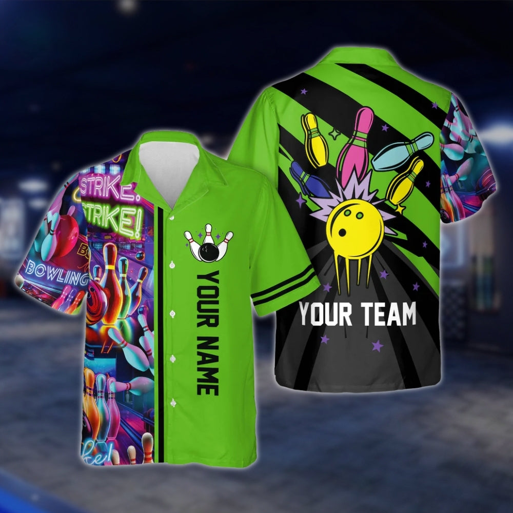 Custom Retro Neon Blue Bowling Hawaiian Shirt Men Women, Custom Retro Bowling Team Shirts BE0016