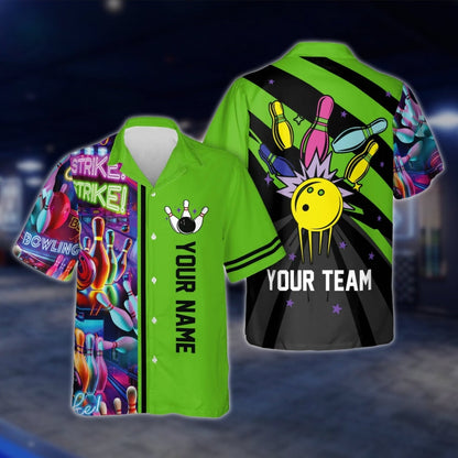 Custom Retro Neon Blue Bowling Hawaiian Shirt Men Women, Custom Retro Bowling Team Shirts BE0016