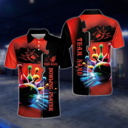 Custom Team Multicolor Pins And Ball Bowling Mens Polo Shirt, Black And Yellow Custom Bowling Shirts BO0377
