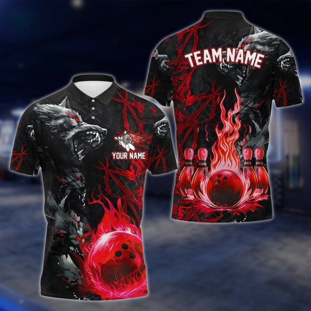 Custom Wolf Flame Ball Bowling Mens Polo Shirt, Custom Wolf Bowling Team Shirts BE0105