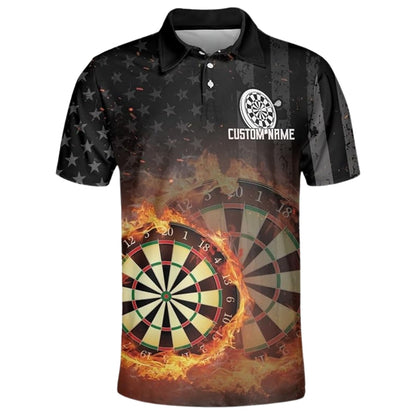 Flaming Dartboard Mens Personalized Darts Button Polo