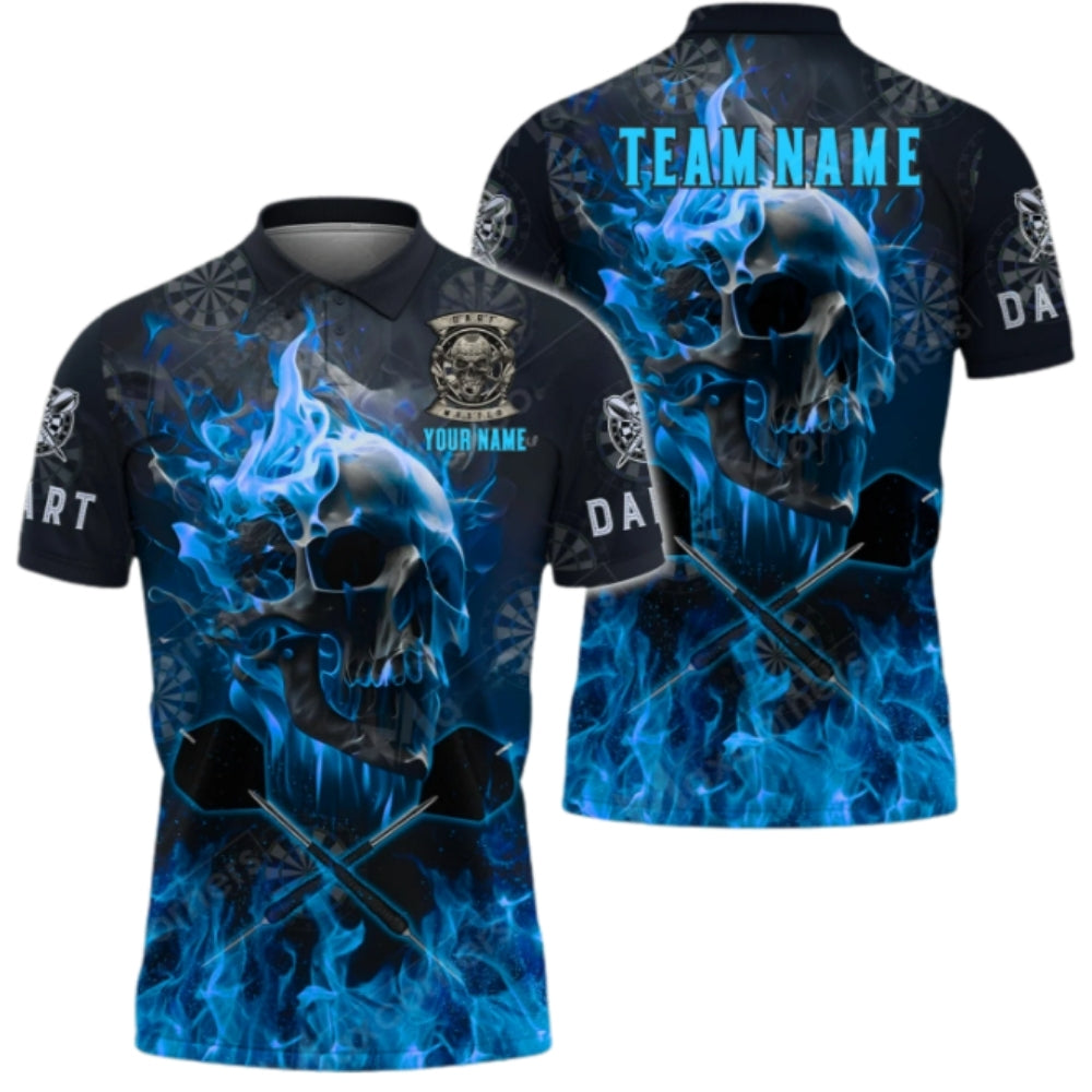 Skull Blue Flame Mens Personalized Darts Button Polo
