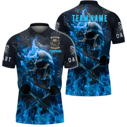 Skull Blue Flame Mens Personalized Darts Button Polo