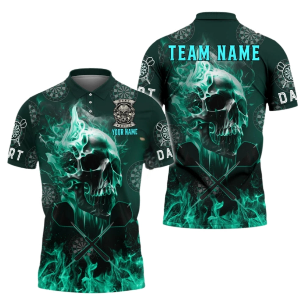 Skull Blue Flame Mens Personalized Darts Button Polo