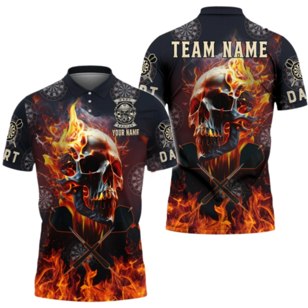Skull Blue Flame Mens Personalized Darts Button Polo