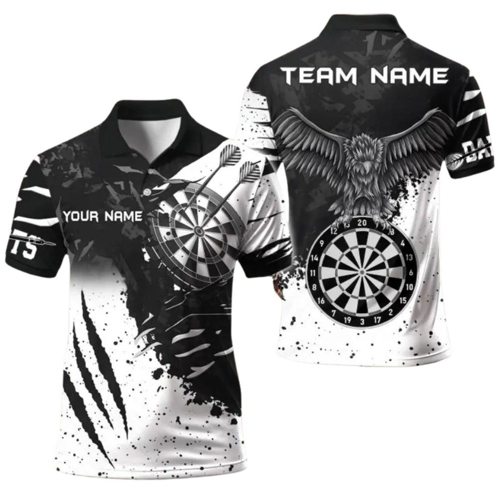 Black and White Grunge Eagle Mens Personalized Darts Button Polo