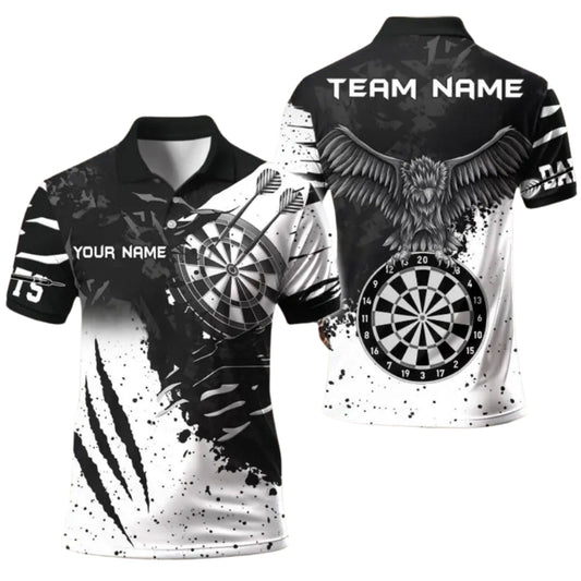 Black and White Grunge Eagle Mens Personalized Darts Button Polo