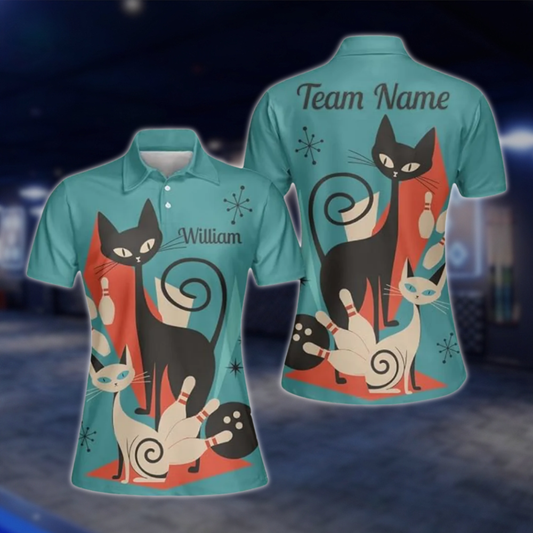Personalized Vintage Cat Women's Cyan Bowling Polo Shirt, Custom Cat Bowling Team Shirts For Ladies BZ0774