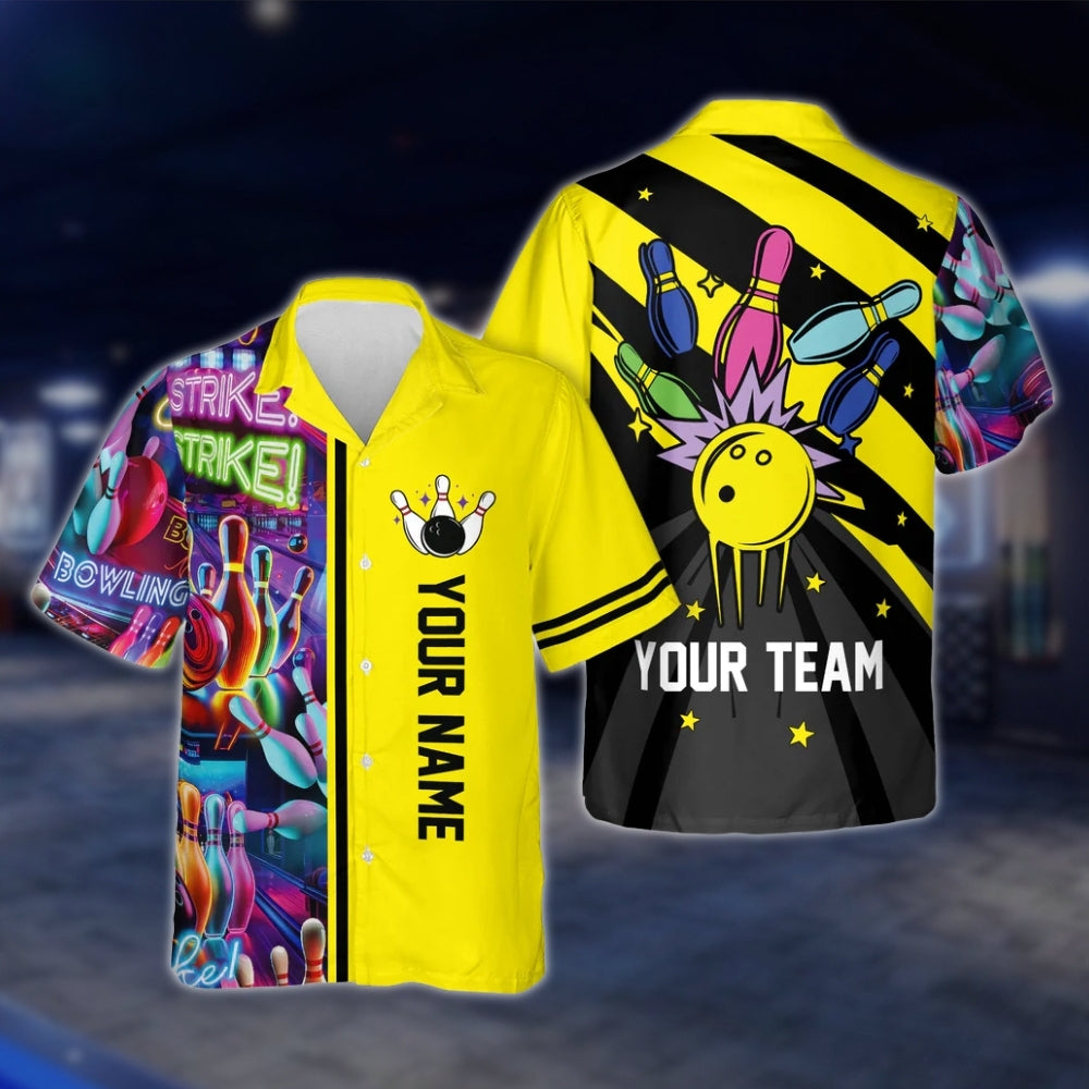 Custom Retro Neon Blue Bowling Hawaiian Shirt Men Women, Custom Retro Bowling Team Shirts BE0016