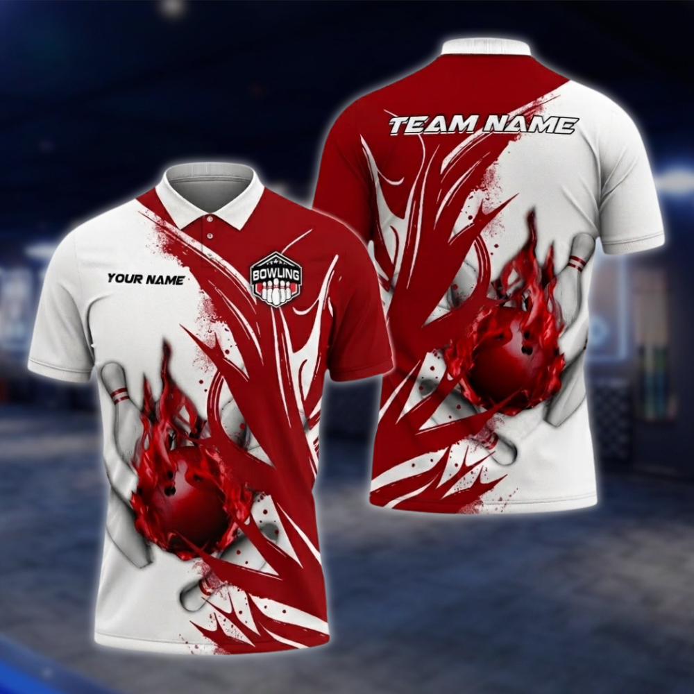 Personalized Red And White Flame Bowling Polo Shirt For Men, Custom Team Flame Bowling Shirts BZ0760