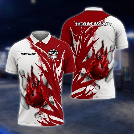 Personalized Red And White Flame Bowling Polo Shirt For Men, Custom Team Flame Bowling Shirts BZ0760