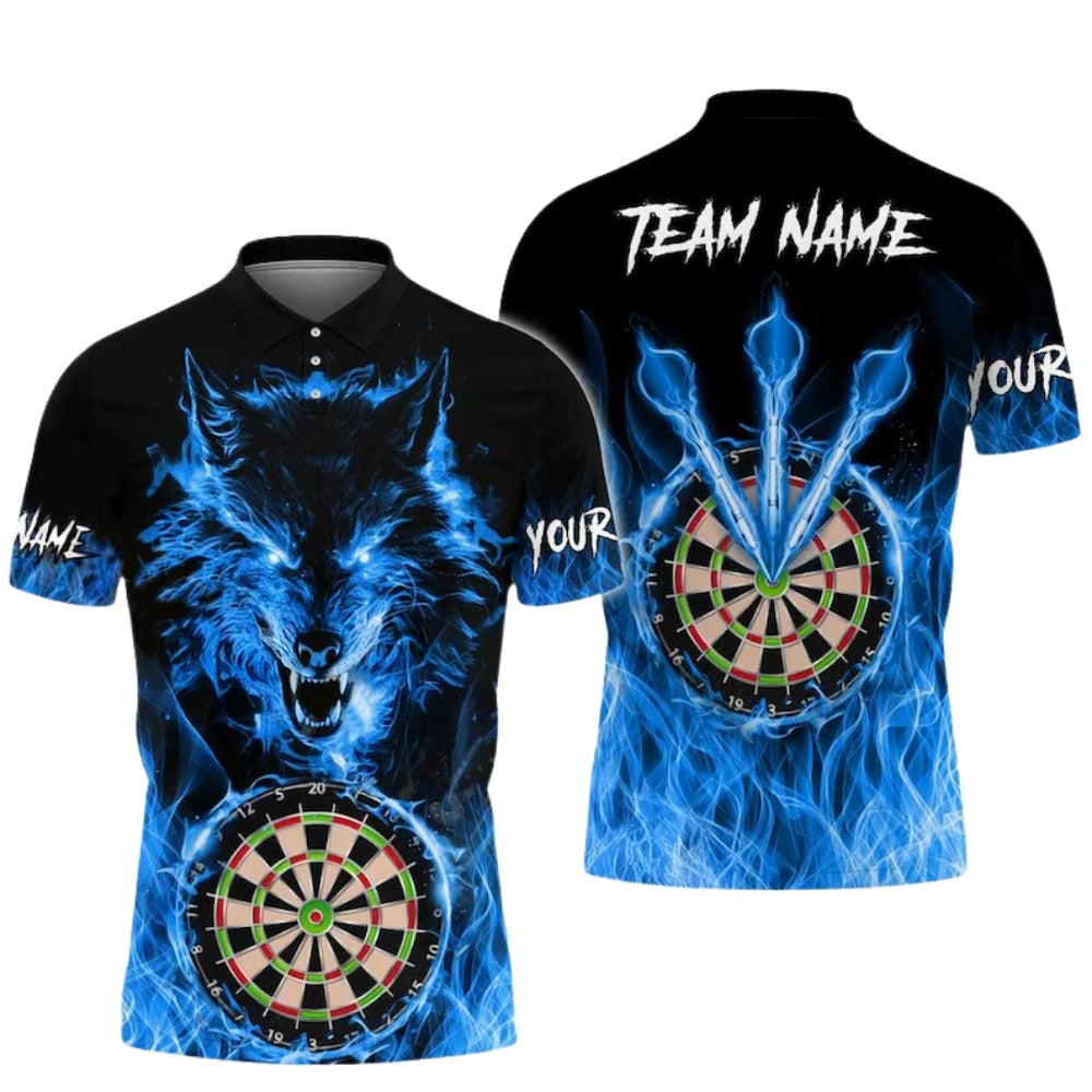 Blue Flame Wolf Personalized Darts Button Polo