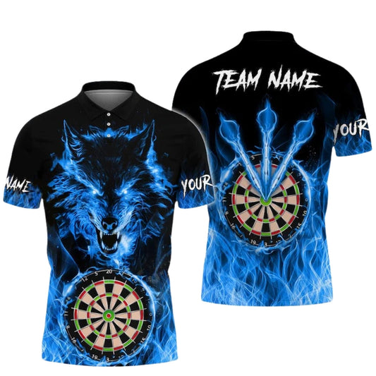 Blue Flame Wolf Personalized Darts Button Polo
