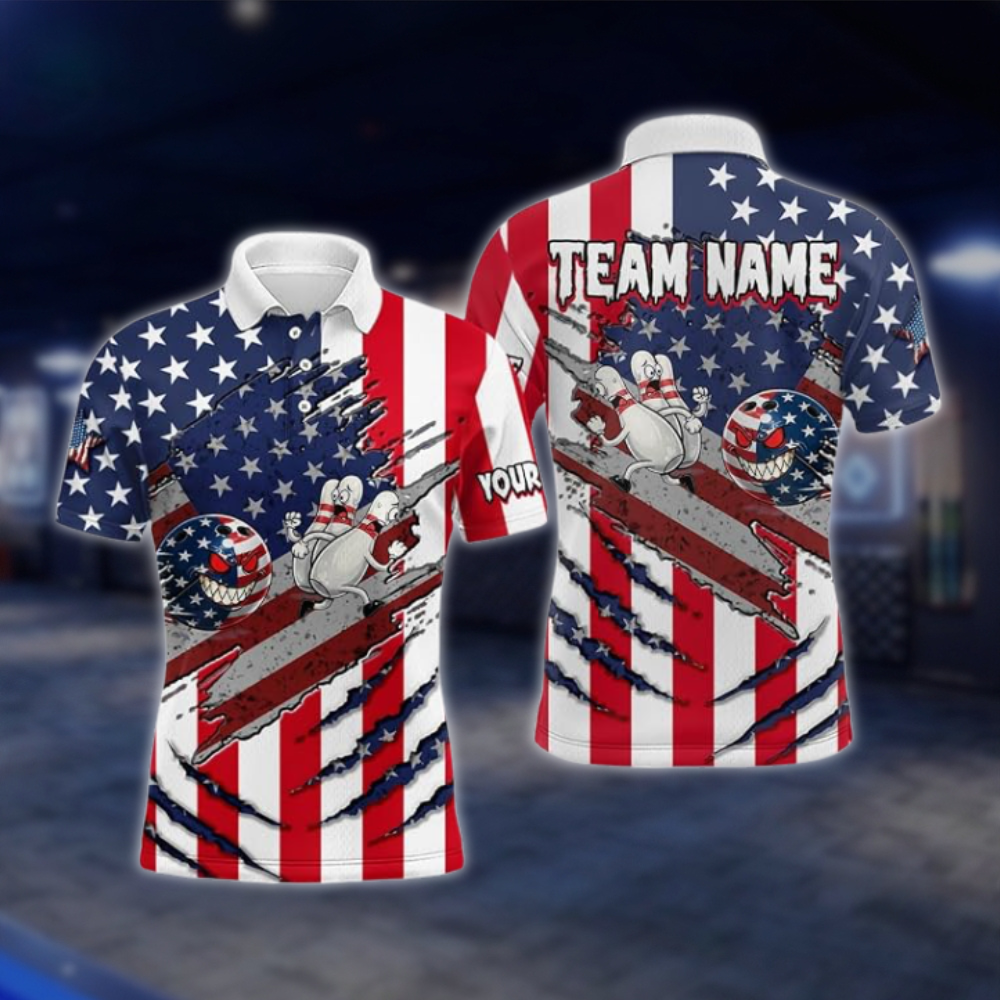 Personalized Funny Ball Pins American Flag Bowling Polo Shirt, Custom Team Patriotic Bowling Shirt BZ0943