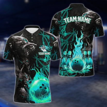 Custom Wolf Flame Ball Bowling Mens Polo Shirt, Custom Wolf Bowling Team Shirts BE0105