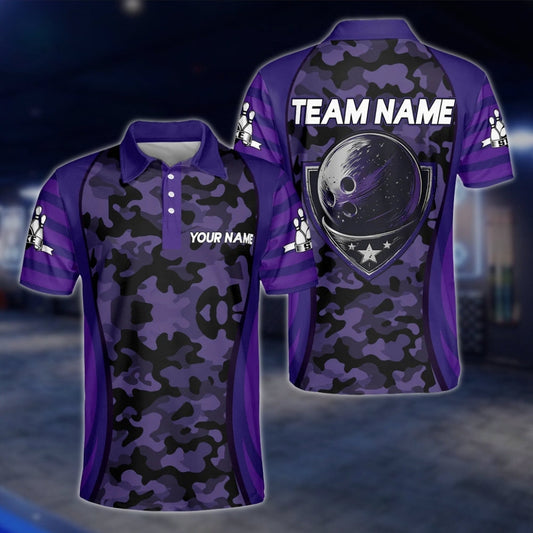 Custom Camo Purple Black Bowling Polo Shirt, Custom Camo Bowling Team Shirts BM0309