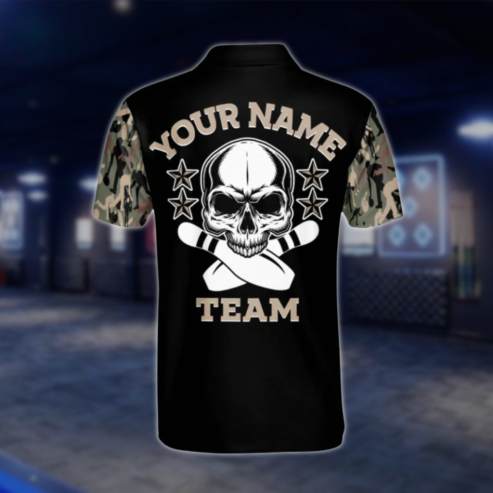 Personalized Camouflage Skull Polo Bowling Team Shirts For Men, Custom Skull Bowling Shirt BM0119