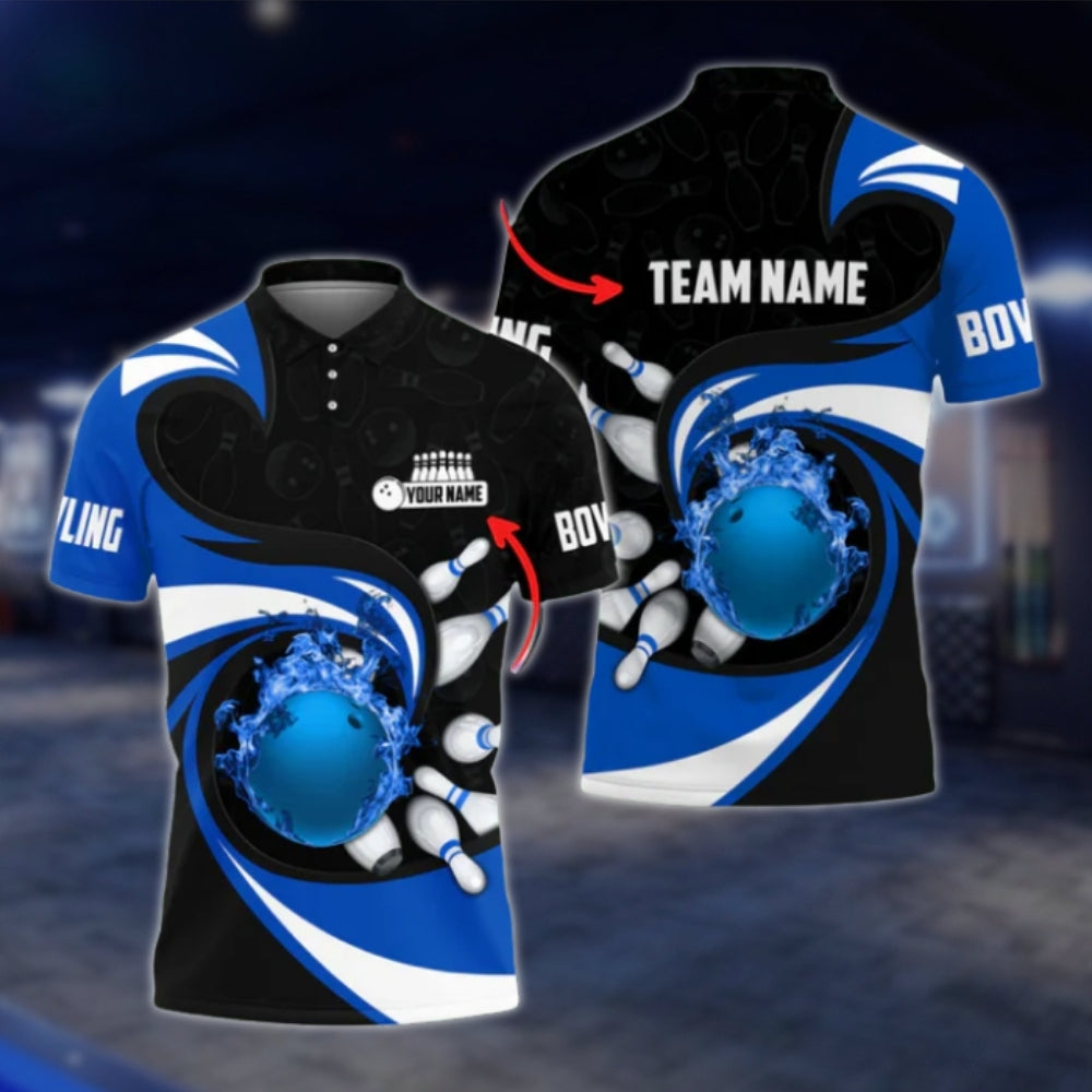 Custom Team Fire Ball Mens Bowling Polo Shirt, Red Black Custom Bowling Team Shirts BO0022