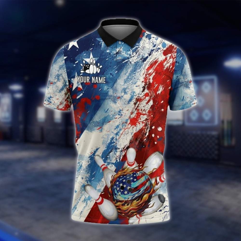 Personalized American Flag Bowling Mens Polo Shirt Watercolor, Custom Bowling Patriotic Team Shirts BZ0741