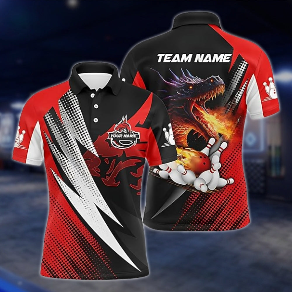 Custom Dragon Fire Bowling Polo Shirt For Men, Black Red Custom Dragon Bowling Team Shirts BZ0192