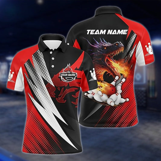Custom Dragon Fire Bowling Polo Shirt For Men, Black Red Custom Dragon Bowling Team Shirts BZ0192