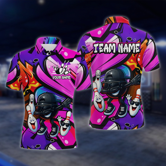 Personalized Funny Ball Pins Bowling Mens Polo Shirt Graffiti, Custom Bowling Shirt For Team BZ0957