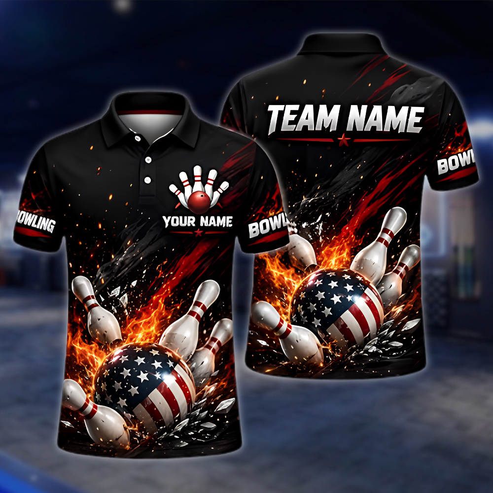 Personalized American Flag Ball Fire Bowling Polo Shirt Men, Custom Patriotic Bowling Shirt Team BZ0968
