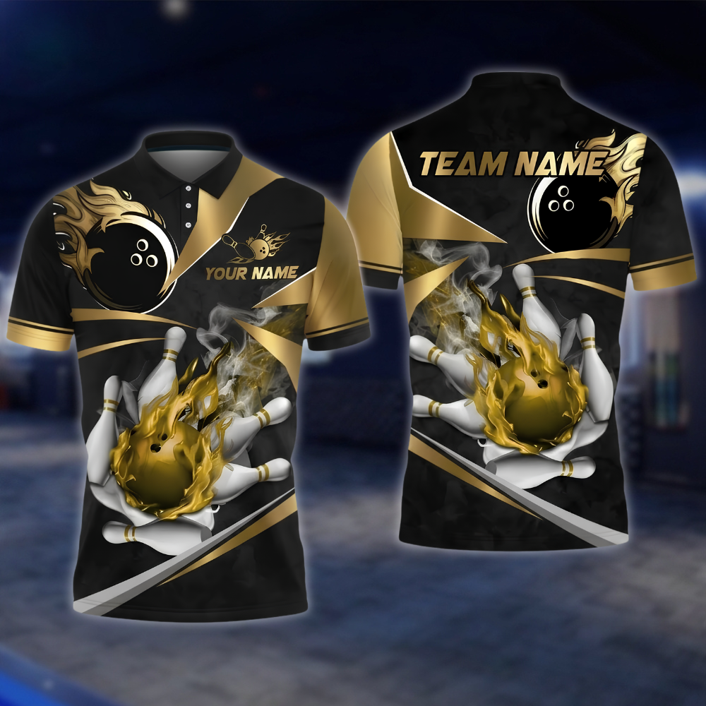 Personalized Fire Ball Black And Gold Bowling Polo Shirt For Men, Custom Flame Bowling Shirt Team BZ0897