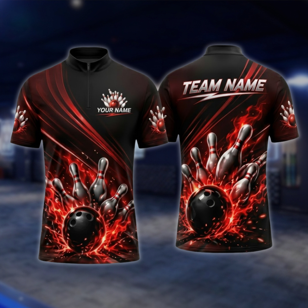 Personalized Flame Red Black Bowling Mens Jersey, Custom Flame Bowling Shirt For Team BZ0851