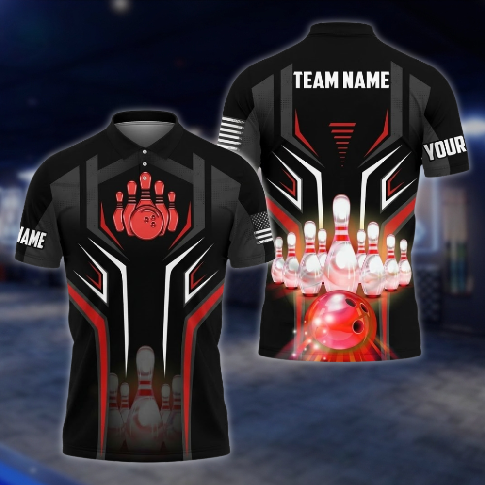 Personalized Black And Red Bowling Team Polo Shirt For Mens, Custom Bowling Shirt BZ0865