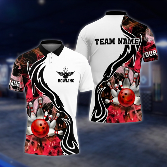 Personalized Flame Smoke Ball Bowling Mens Polo Shirt Red White, Custom Flame Bowling Team Shirt BZ0814