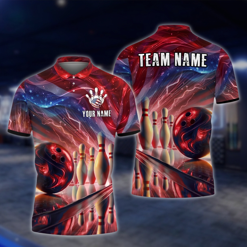 Personalized American Flag Neon Bowling Polo Shirt Mens, Custom Team Patriotic Bowling Shirt BZ0906