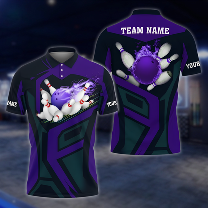 Personalized Flaming Purple Bowling Men Polo Shirt, Custom Flame Bowling Team Shirts BZ0896