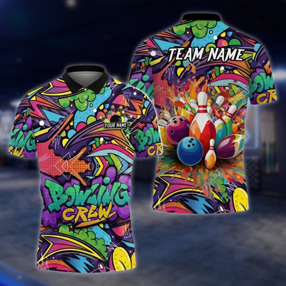 Personalized Graffiti Bowling Mens Polo Shirt, Custom Team Bowling Shirts BZ0857