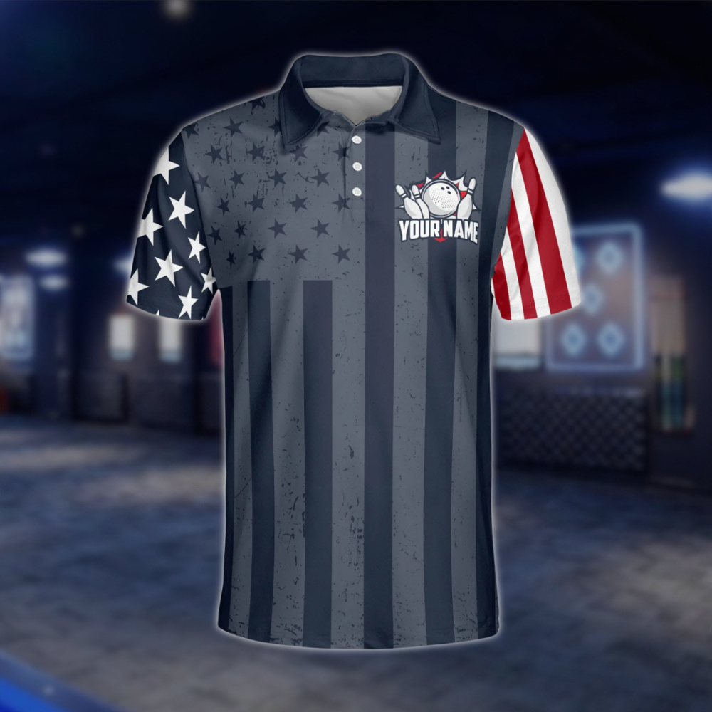 USA Flag Custom Mens Navy Bowling Polo Shirt, Custom Patriotic Bowling Team Shirts BZ0209