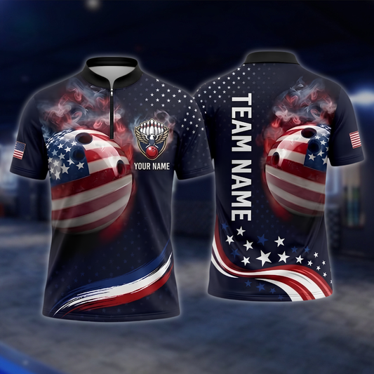 Personalized American Flag Smoke Bowling Mens Jersey, Custom Patriotic Bowling Team Shirt BZ0955