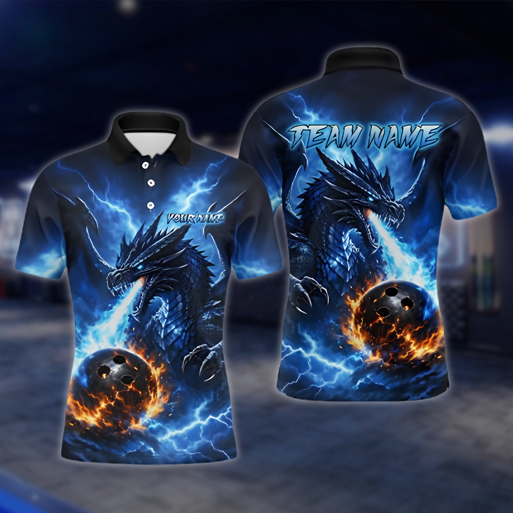 Personalized Dragon Blue Flame Thunder Bowling Mens Polo Shirt, Custom Dragon Bowling Shirt For Team BZ0893