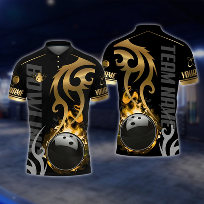 Personalized Flame Black Gold Bowling Polo Shirt, Custom Flame Bowling Shirt For Team BZ0905