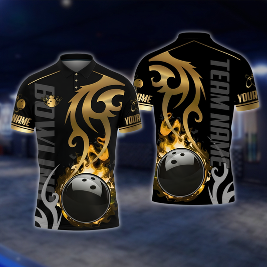 Personalized Flame Black Gold Bowling Polo Shirt, Custom Flame Bowling Shirt For Team BZ0905
