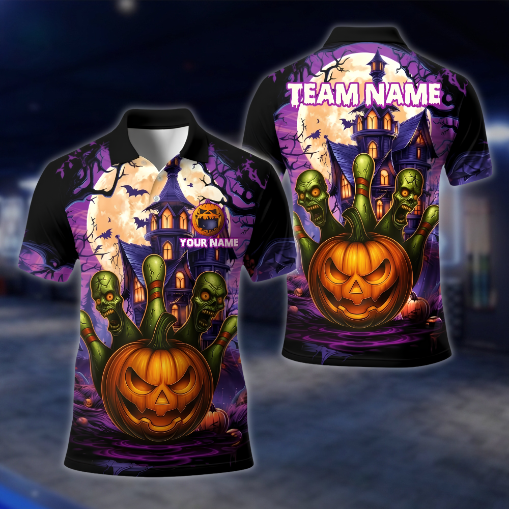 Personalized Skull Pumpkin Bowling Polo Shirt Mens, Custom Halloween Bowling Shirt For Team BE0249
