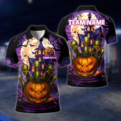 Personalized Skull Pumpkin Bowling Polo Shirt Mens, Custom Halloween Bowling Shirt For Team BE0249