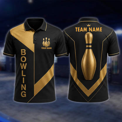 Personalized Men's Team Bowling Polo Shirt Black And Gold, Custom Bowling Team Shirts BE0240