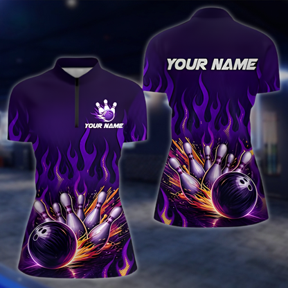 Personalized Purple Flame Womens Bowling Jersey, Custom Flame Bowling Team Shirts For Ladies BZ0862