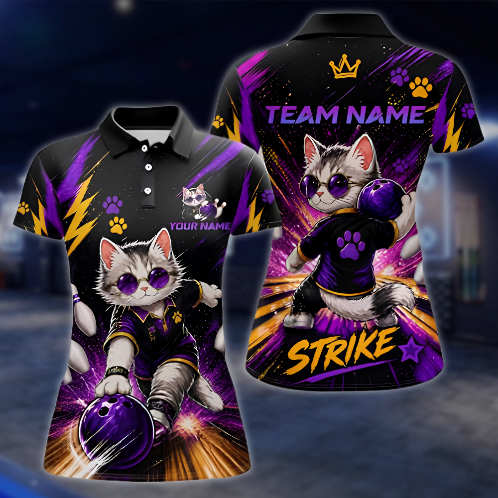 Personalized Cat Purple Black Bowling Polo Shirt Ladies, Custom Cat Team Bowling Shirts For Women BZ0891