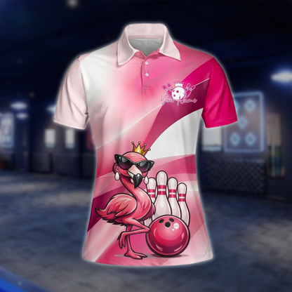 Personalized Flamingo Womens Bowling Polo Shirt, Custom Flamingo Bowling Team Shirt Ladies BZ0935