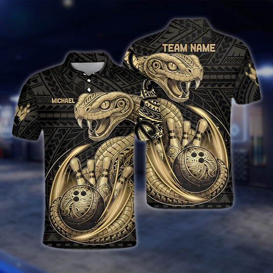 Personalized Snake Black And Gold Tribal Bowling Polo Shirt Men, Custom Snake Bowling Team Shirts BZ0963