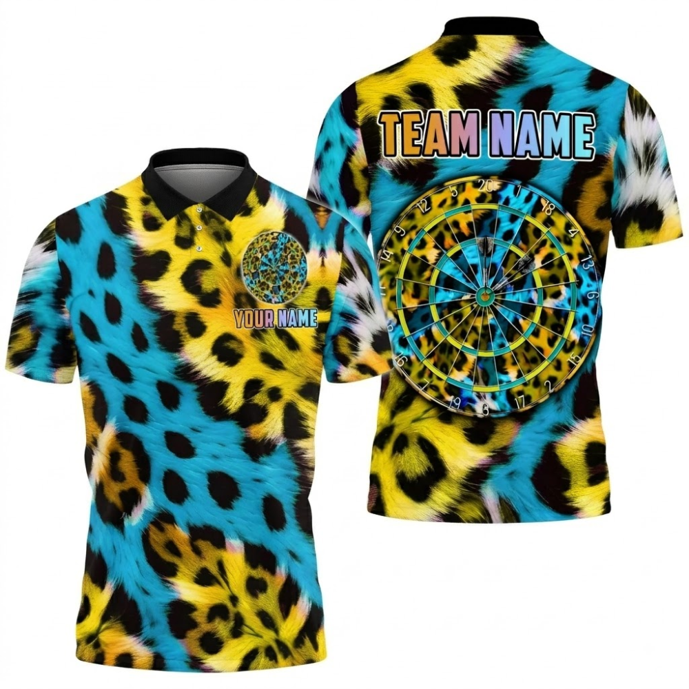 Leopard Neon Cyan Pink Men Personalized Darts Button Polo
